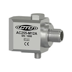 A render of a CTC AC255-M12A stainless steel, standard size, top exit machine condition monitoring sensor.